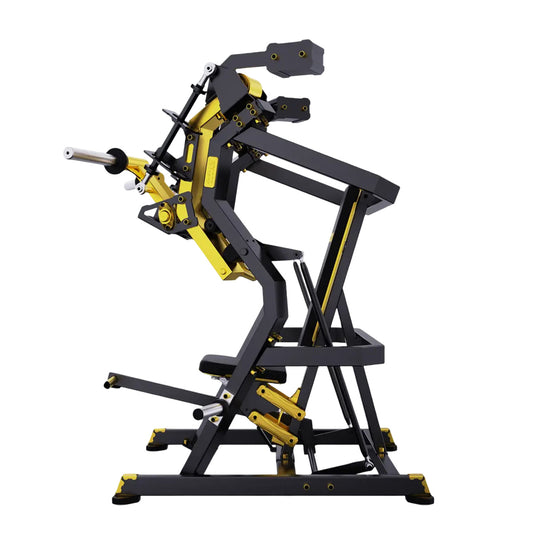 Schwarz-goldene Titan Mechanix Chest Press Y905ZAG mit plate-loaded Hebelarmen für professionelles Krafttraining