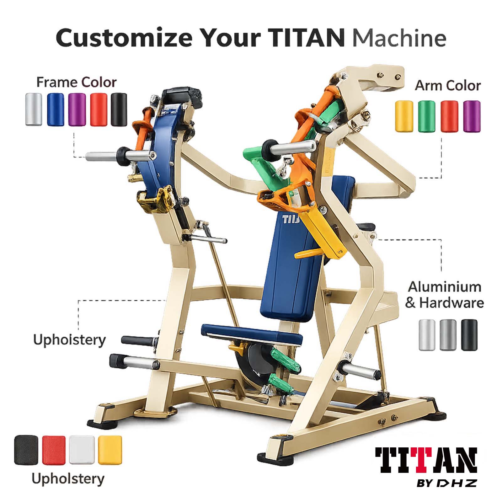 Titan Brustpresse Custom Edition mit frei wählbaren Farben für Rahmen, Arme, Aluminiumteile und Polster