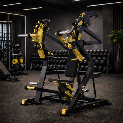 Schwarz-goldene Titan Mechanix Chest Press Y905ZAG Plate Loaded Brustpresse mit robuster Studioausführung für professionelles Krafttraining