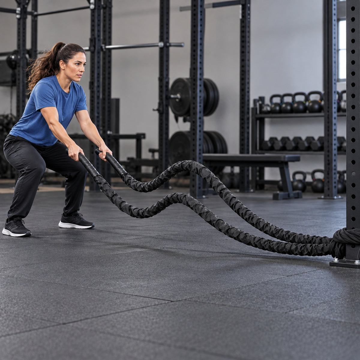 Frau beim Battle-Rope-Training mit CRO007 in seitlicher Studioansicht. KI-generierte Anwendungsszene.