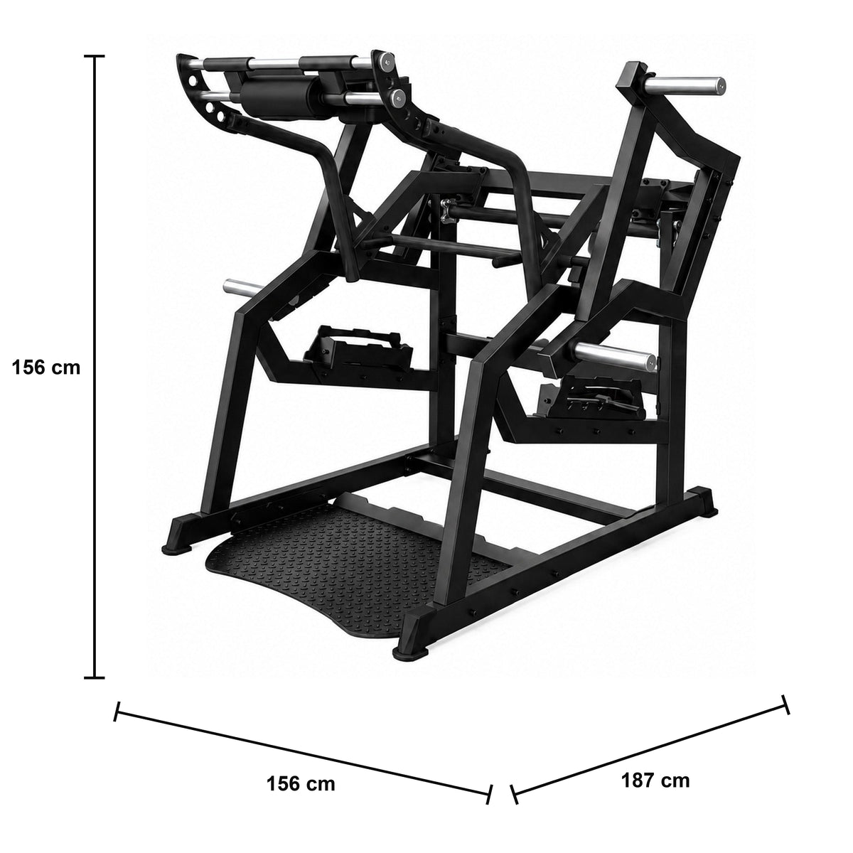 DHZ A601 Power Squat – Plate-Loaded Kniebeugenmaschine – professionelles Gerät – Maßzeichnung mit Produktabmessungen 156 × 187 × 156 cm