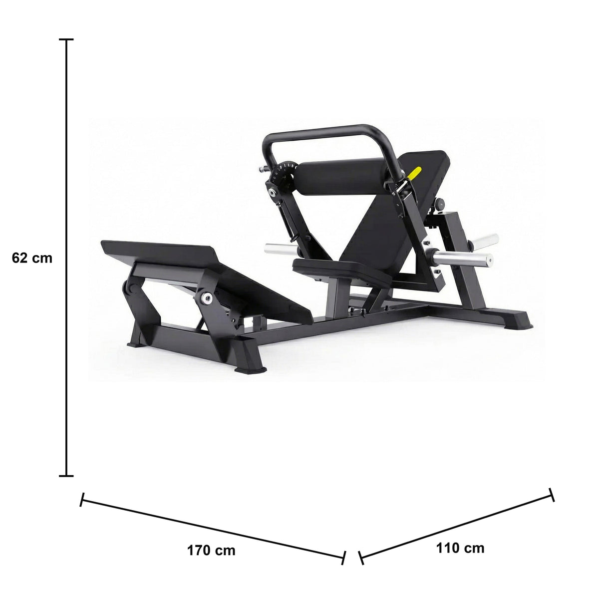 DHZ A602 Hip Thrust Walkthrough – Plate-Loaded Gesäßmaschine für Krafttraining – Maßzeichnung mit Produktabmessungen 170 × 110 × 62 cm