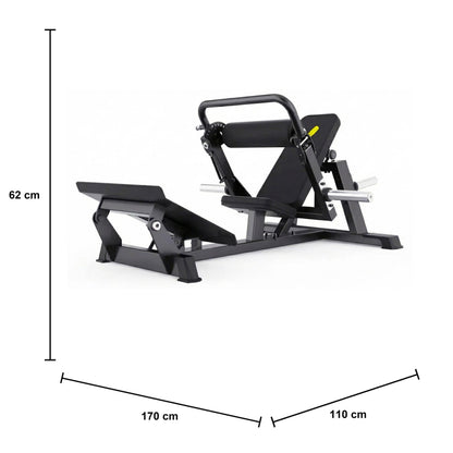 DHZ A602 Hip Thrust Walkthrough – Plate-Loaded Gesäßmaschine für Krafttraining – Maßzeichnung mit Produktabmessungen 170 × 110 × 62 cm