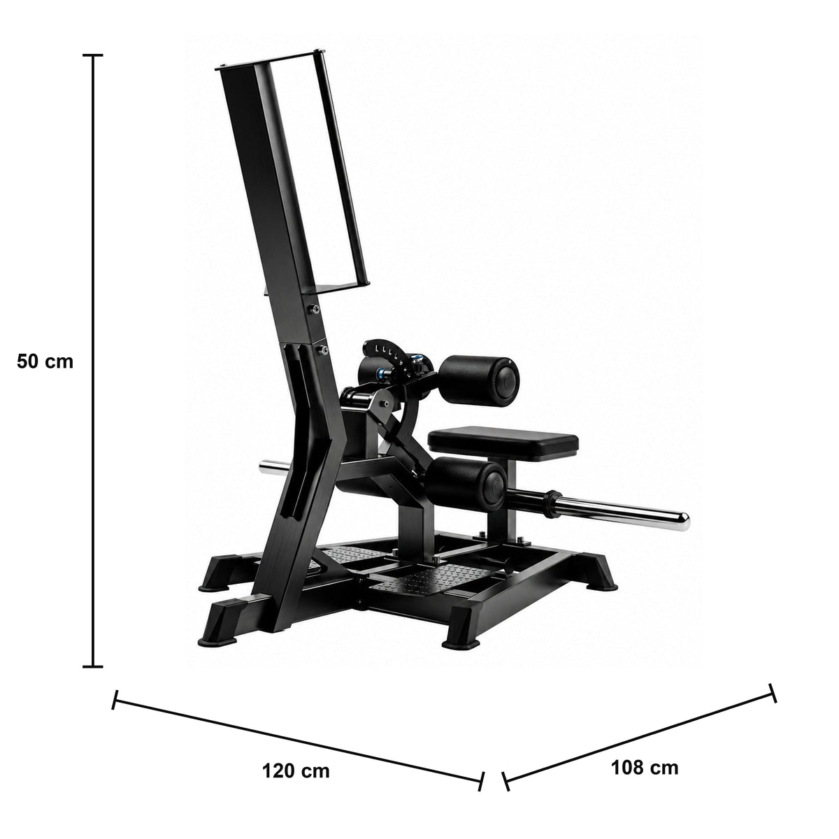 DHZ A605L Standing Hip Thrust – Plate-Loaded Gesäßmaschine für Fitnessstudios – Maßzeichnung mit Produktabmessungen 120 × 108 × 50 cm