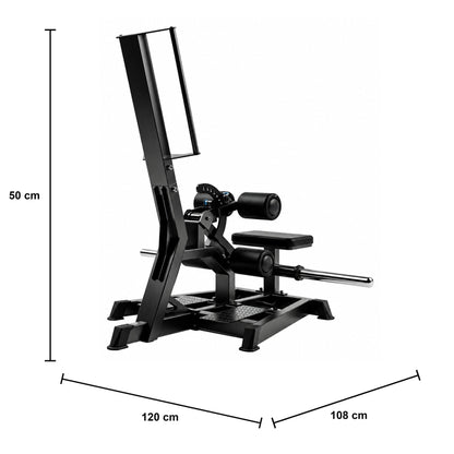 DHZ A605L Standing Hip Thrust – Plate-Loaded Gesäßmaschine für Fitnessstudios – Maßzeichnung mit Produktabmessungen 120 × 108 × 50 cm