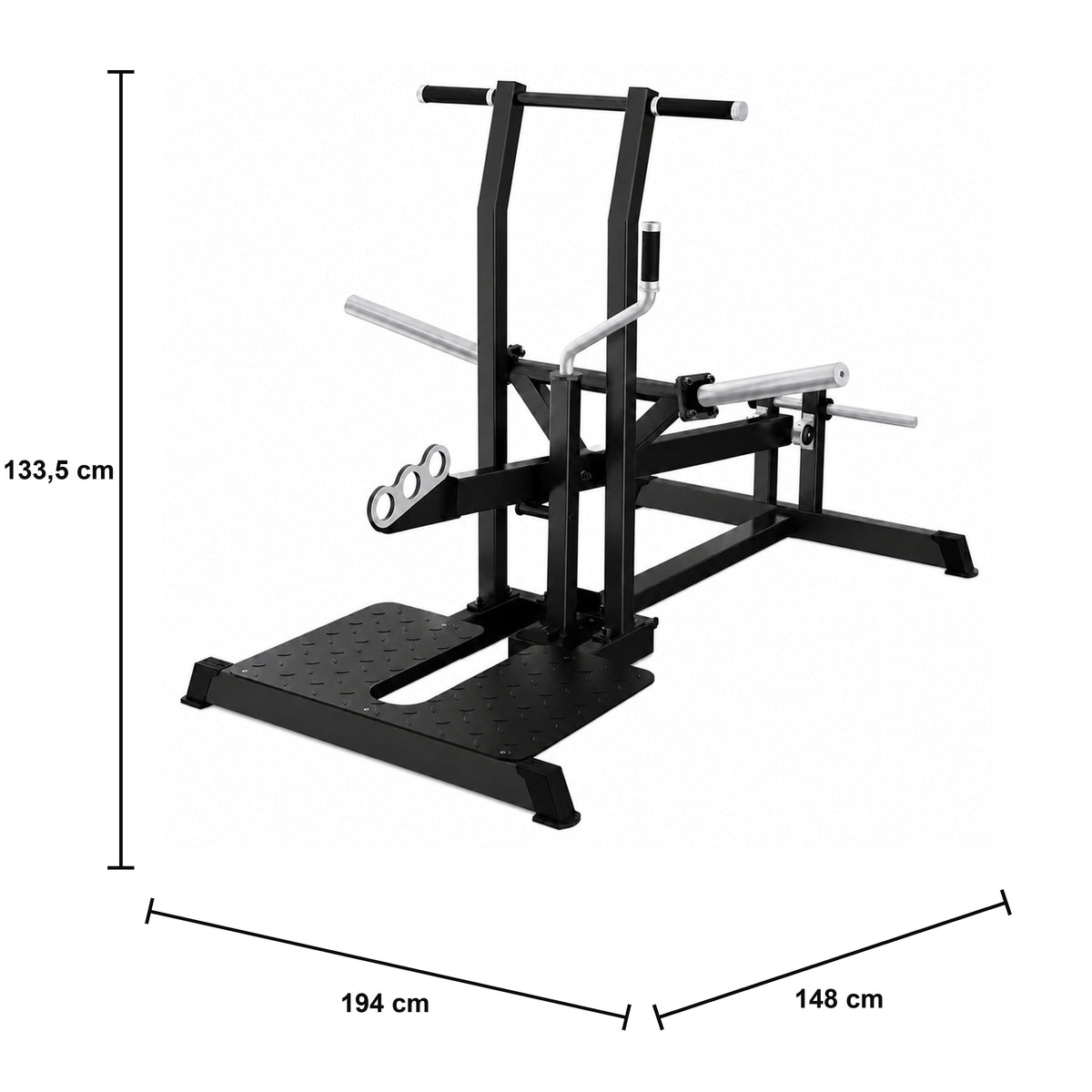 DHZ A607 Belt Squat – Plate-Loaded Kniebeugenmaschine – professionelles Gerät – Maßzeichnung mit Produktabmessungen 194 × 148 × 133,5 cm