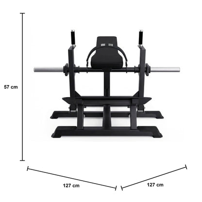 DHZ A608 Belt Hip Thrust – Plate-Loaded Gesäßmaschine – professionelles Gerät – Maßzeichnung mit Produktabmessungen 127 × 127 × 57 cm