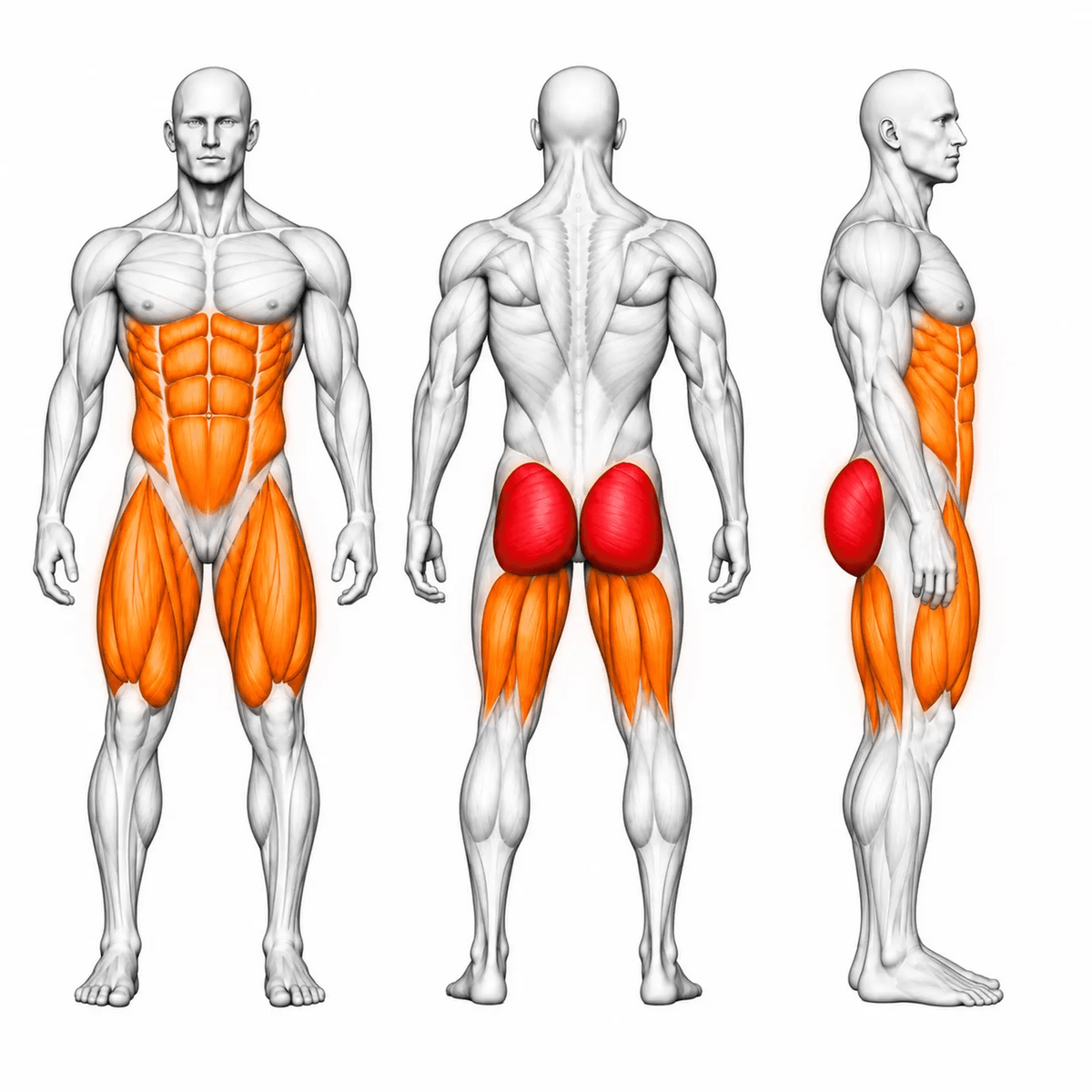 Animierte Muskelgruppen der DHZ A609 3D Smith Hip Thrust: Gesäß primär, Beinbeuger, Quadrizeps und Core sekundär