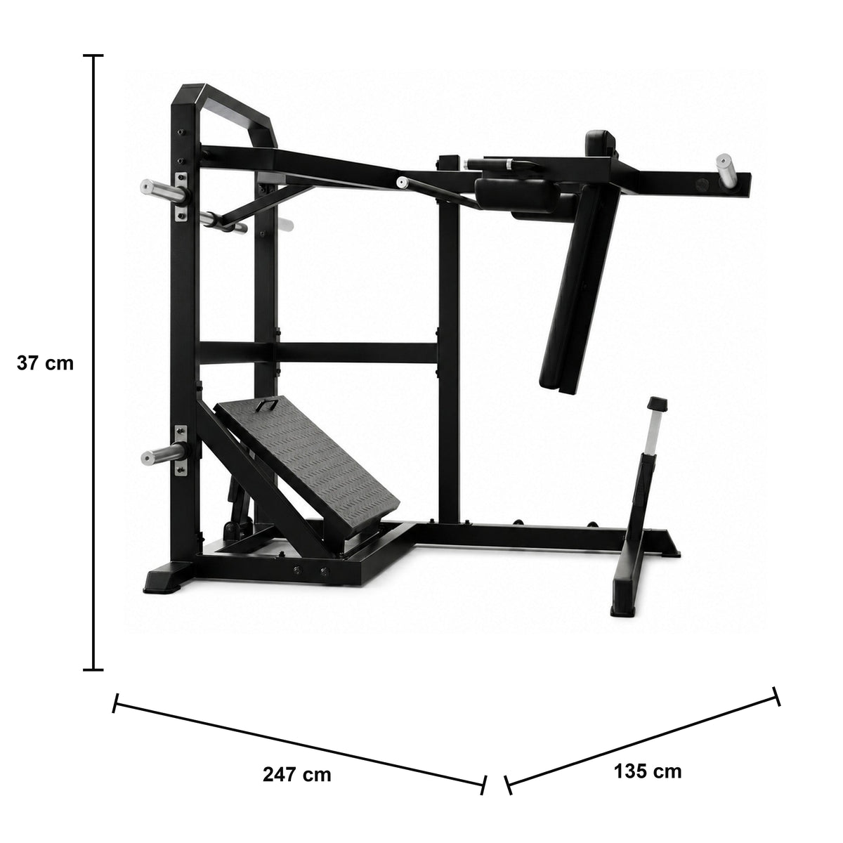 DHZ A610 Pendulum Squat – Plate-Loaded Kniebeugenmaschine für den Studioeinsatz – Maßzeichnung mit Produktabmessungen 247 × 135 × 37 cm