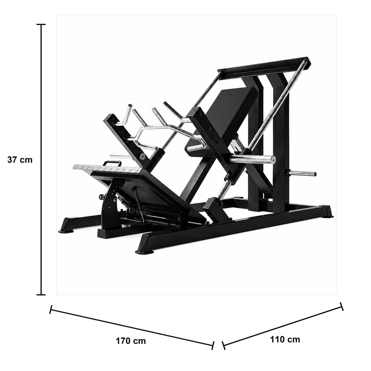 DHZ A611 Incline Linear Row – Plate-Loaded Rudermaschine für den Studioeinsatz – Maßzeichnung mit Produktabmessungen 170 × 110 × 37 cm