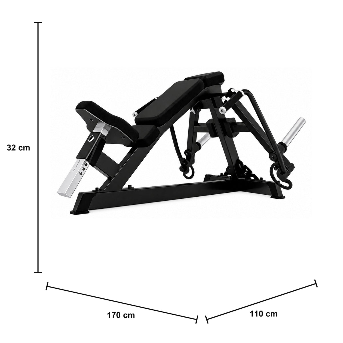DHZ A612 Incline Fly – Professionelle Plate-Loaded Brustmaschine – Studiogerät – Maßzeichnung mit Produktabmessungen 170 × 110 × 32 cm