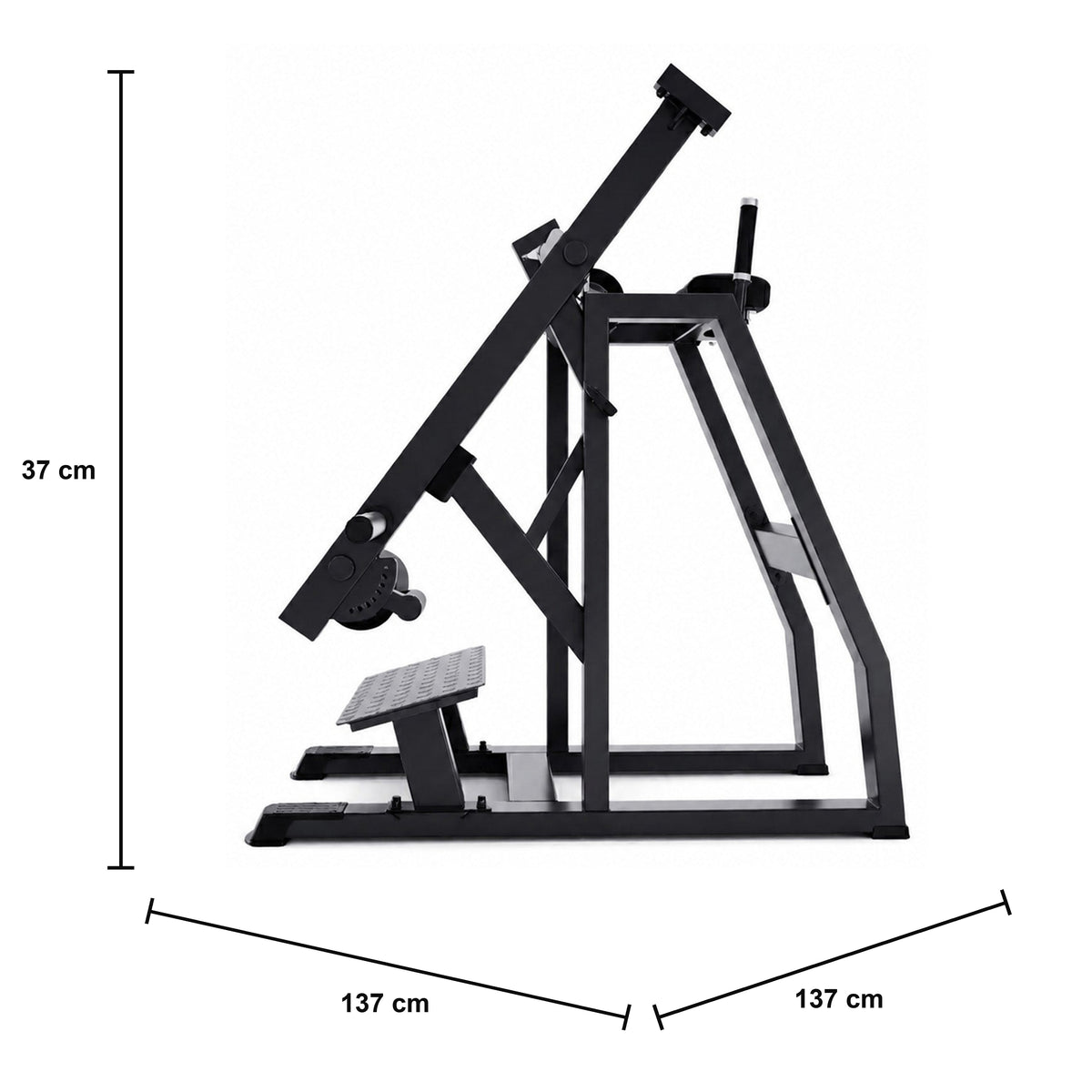 DHZ A613 Reverse Hyperextension – Professionelle Plate-Loaded Maschine – Maßzeichnung mit Produktabmessungen 137 × 137 × 37 cm
