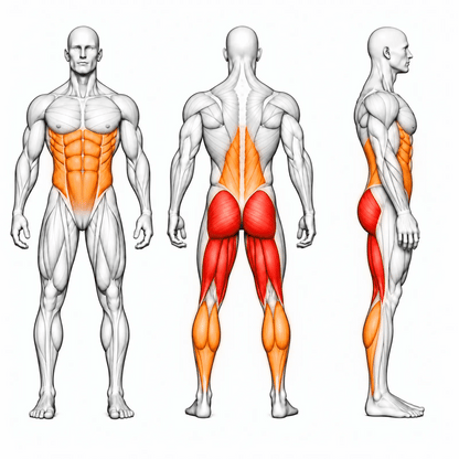 Animierte Muskelgruppen der DHZ A613 Reverse Hyperextension: Gesäß und Beinbeuger primär, unterer Rücken, Waden und Core sekundär