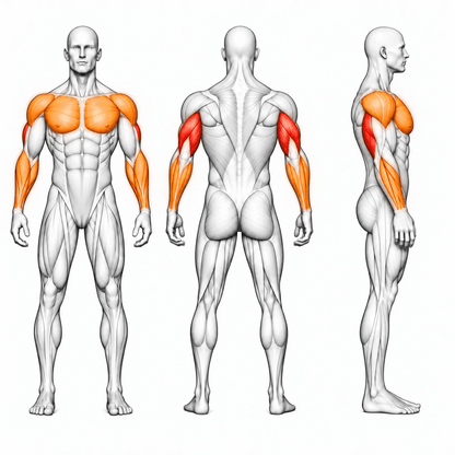 Animierte Muskelgruppen der DHZ A614 Dual Triceps Extension Dip: Trizeps primär, Brust, vordere Schulter und Unterarme sekundär