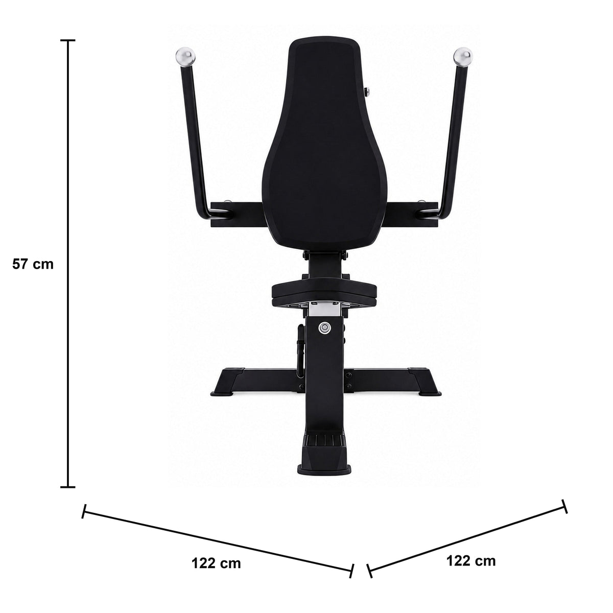 DHZ A614 Dual Triceps Extension Dip – Plate-Loaded Trizepsmaschine fürs Studio – Maßzeichnung mit Produktabmessungen 122 × 122 × 57 cm