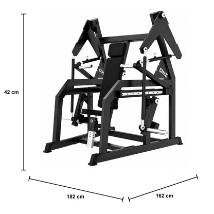 DHZ A615 Precision Chest Press – Professionelle Plate-Loaded Brustpresse – Maßzeichnung mit Produktabmessungen 182 × 162 × 42 cm