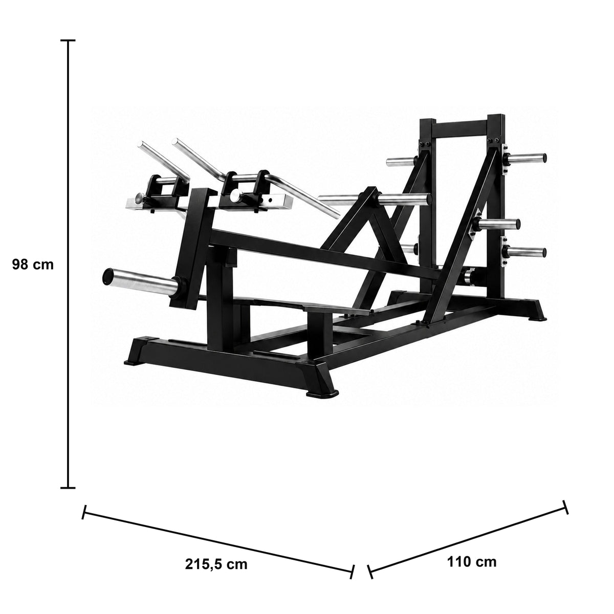 DHZ A617 Standing T-Bar Row – Professionelle Plate-Loaded Rudermaschine – Maßzeichnung mit Produktabmessungen 215,5 × 110 × 98 cm