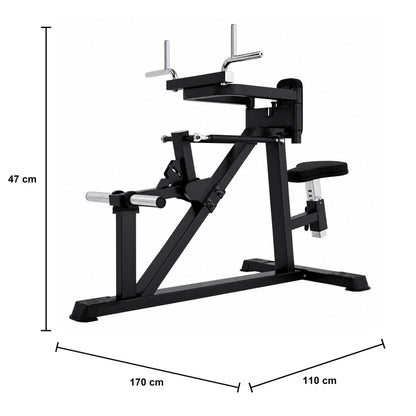 DHZ A618 Seated Deltoid Fly Plate-Loaded Reverse Fly Maschine als Studiogerät – Maßzeichnung mit Produktabmessungen 170 × 110 × 47 cm