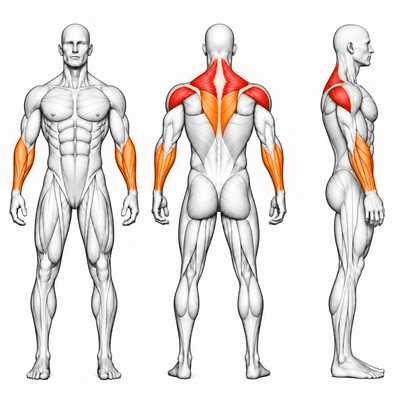 Animierte Muskelgruppen der DHZ A618 Seated Deltoid Fly: hintere Schulter und oberer Trapez primär, Rhomboiden und Unterarme sekundär