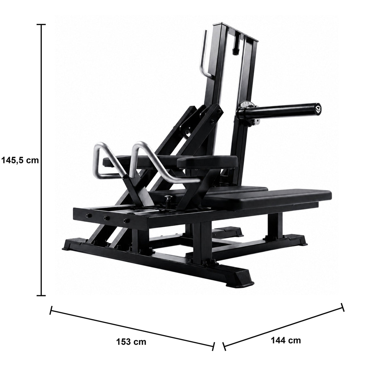 DHZ A619 Glute Kickback – Professionelle Plate-Loaded Glute Maschine im Studio – Maßzeichnung mit Produktabmessungen 153 × 144 × 145,5 cm