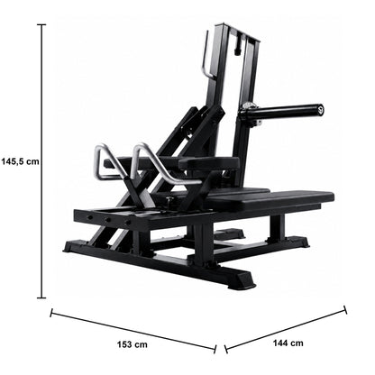 DHZ A619 Glute Kickback – Professionelle Plate-Loaded Glute Maschine im Studio – Maßzeichnung mit Produktabmessungen 153 × 144 × 145,5 cm