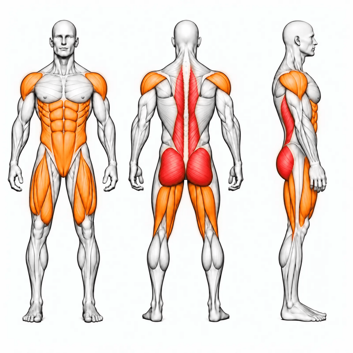 Animierte Muskelgruppen der DHZ A621 Deadlift Elite: Gesäß und Rückenstrecker primär, Beinbeuger, Quadrizeps, Schultern und Core sekundär