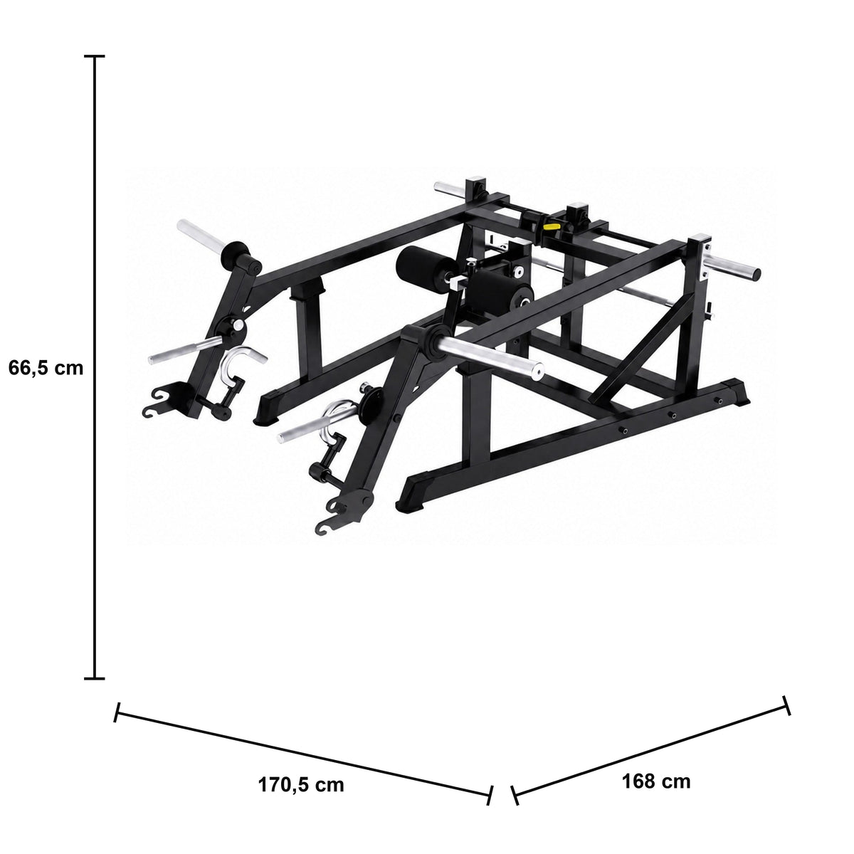 DHZ A621 Deadlift Elite – Professionelle Plate-Loaded Deadlift Maschine – Maßzeichnung mit Produktabmessungen 170,5 × 168 × 66,5 cm