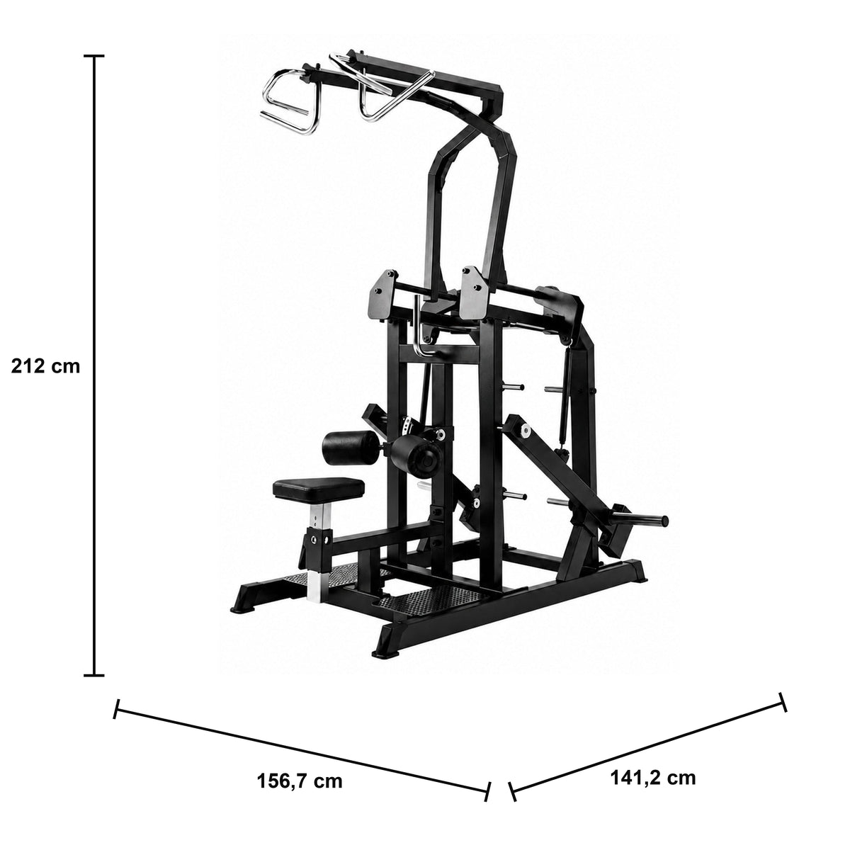 DHZ A622 Circular Lat Pulldown – Professionelle Plate-Loaded Latzugmaschine – Maßzeichnung mit Produktabmessungen 156,7 × 141,2 × 212 cm