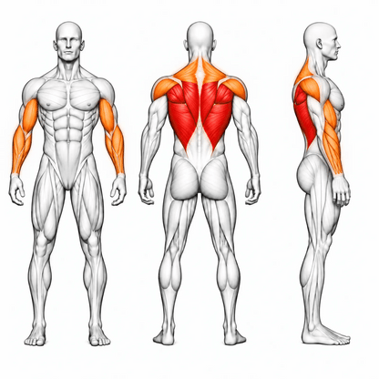 Animierte Muskelgruppen der DHZ A624 Supported Angle Row: Latissimus und oberer Rücken primär, Trapez, hintere Schulter, Bizeps und Unterarme sekundär