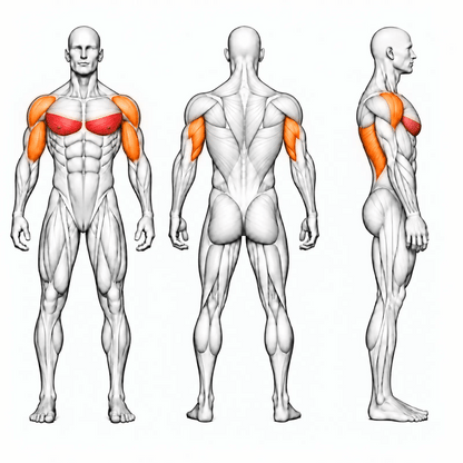 DHZ D-FORCE PM2042 Decline Chest Press – animierte Muskelgruppen: untere Brust primär, vordere Schulter und Trizeps sekundär