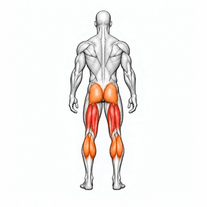 DHZ D-FORCE PM2047 Kneeling Leg Curl – animierte Muskelgruppen: Beinbeuger primär, Gesäß und Waden sekundär