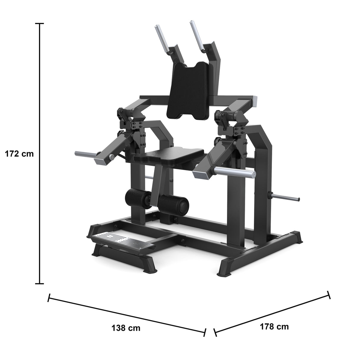 DHZ D604 Abdominal Crunch – plate-loaded Bauchmaschine der Serie 600 – Maßzeichnung mit Produktabmessungen 138 × 178 × 172 cm