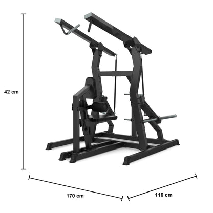 DHZ D606 High Row – plate-loaded Rückenzug der Serie 600 – Maßzeichnung mit Produktabmessungen 170 × 110 × 42 cm