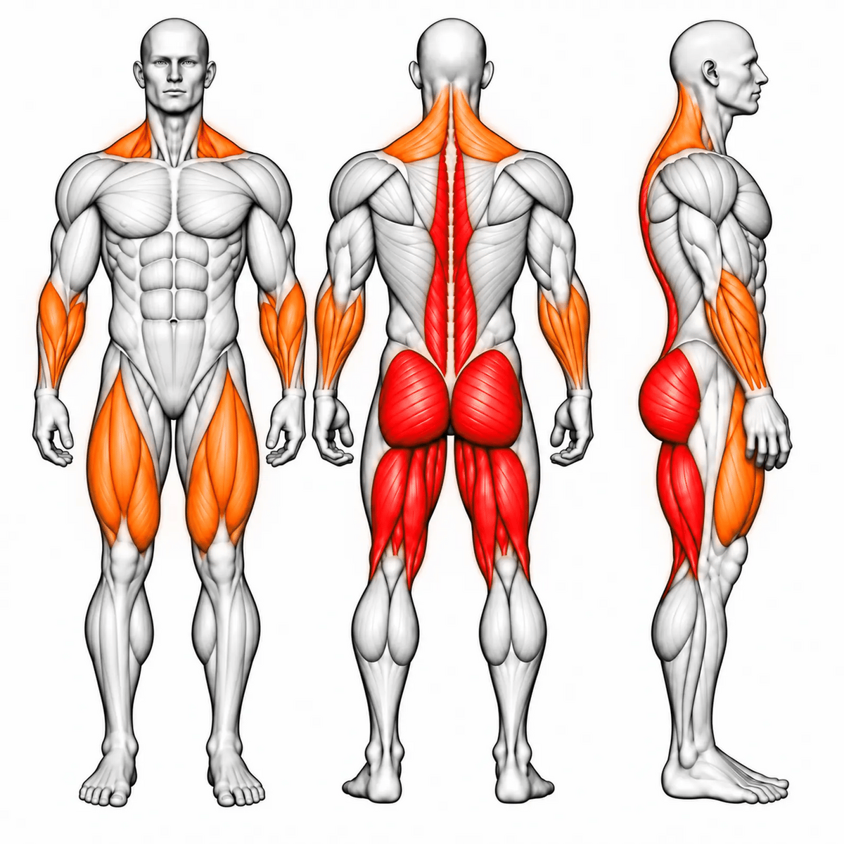 DHZ D607 Double Deadlift – animierte Muskelgruppen: Gesäß, Beinbeuger und Rückenstrecker primär, Quadrizeps, Trapez und Unterarme sekundär