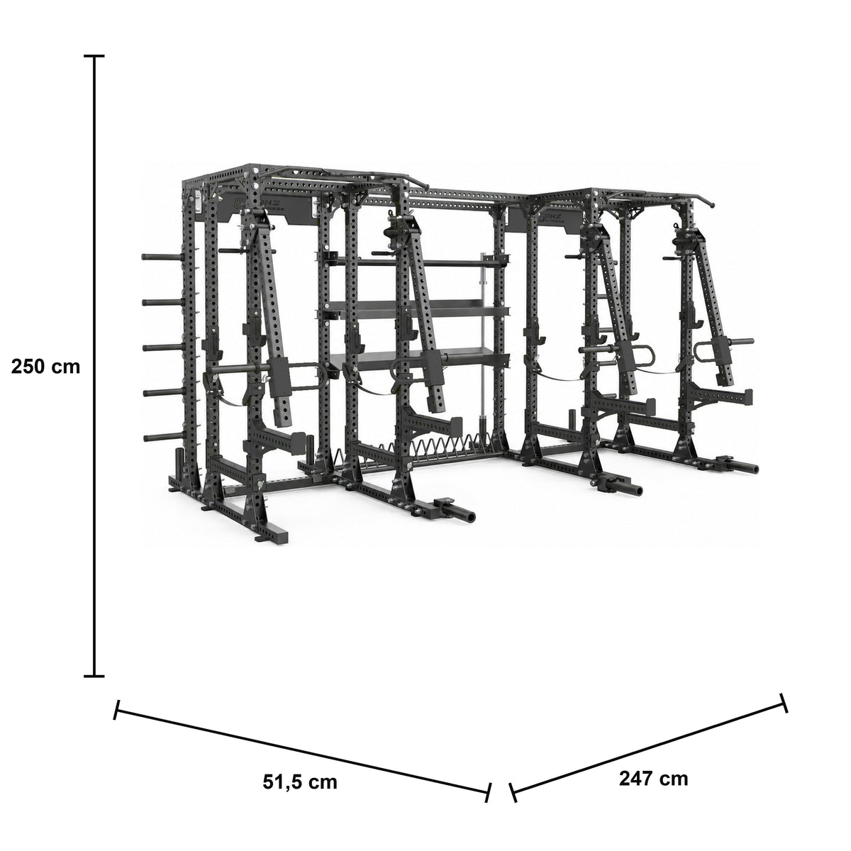 DHZ E6215 Lever Arm Dual Power Rack – kombinierte Gruppenstation mit Hebelarmen – Maßzeichnung mit Produktabmessungen 51,5 × 247 × 250 cm