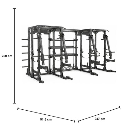DHZ E6215 Lever Arm Dual Power Rack – kombinierte Gruppenstation mit Hebelarmen – Maßzeichnung mit Produktabmessungen 51,5 × 247 × 250 cm
