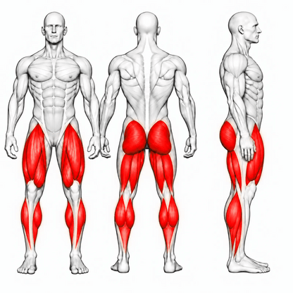 DHZ E7003 Leg Press – animierte Muskelgruppen: Quadrizeps, Gesäß, Hamstrings und Waden primär