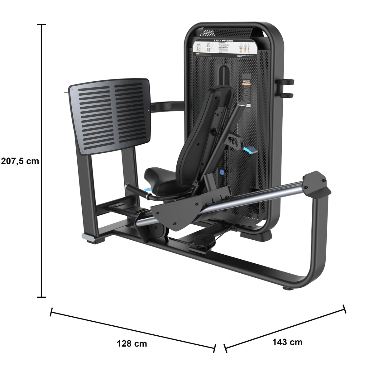 DHZ E7003 Leg Press – Beinpresse der FUSION PRO Kraft Serie – Maßzeichnung mit Produktabmessungen 128 × 143 × 207,5 cm
