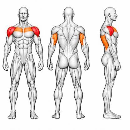 DHZ E7006 Shoulder Press – animierte Muskelgruppen: vordere und mittlere Schulter primär, obere Brust und Trizeps sekundär