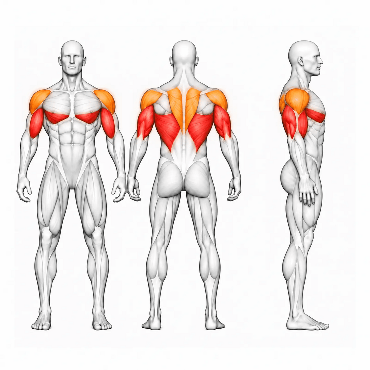 DHZ E7009 Dip Chin Assist – animierte Muskelgruppen: Latissimus, Bizeps, Trizeps und Brust primär, Schultern und oberer Rücken sekundär