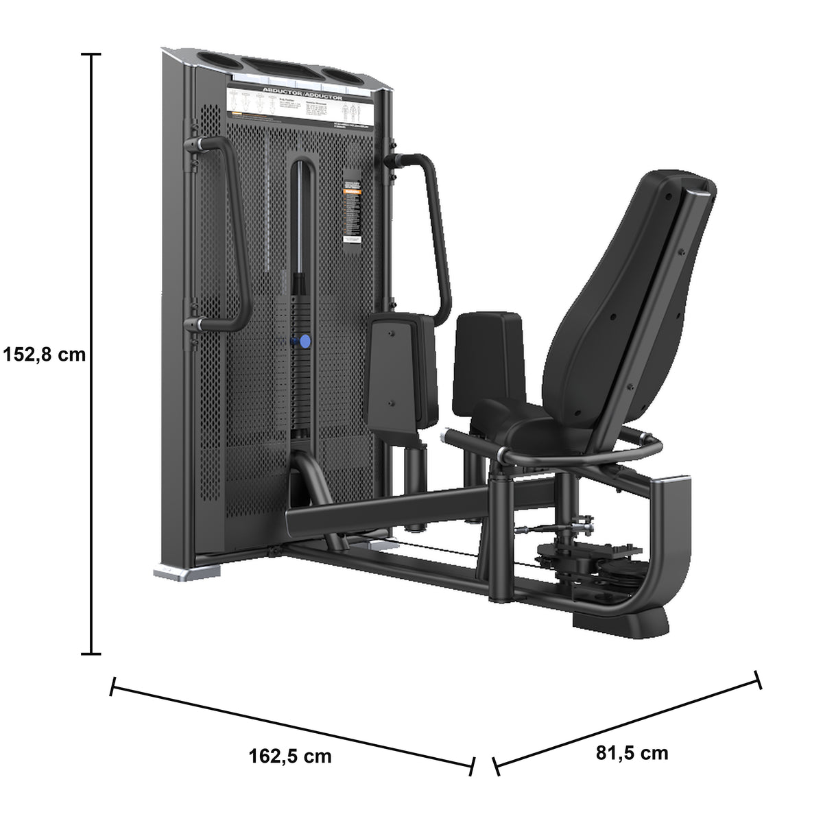 DHZ E7021A Abductor & Adductor – Dual-Hüfttrainer der PRESTIGE PRO Kraft Serie – Maßzeichnung mit Produktabmessungen 162,5 × 81,5 × 152,8 cm