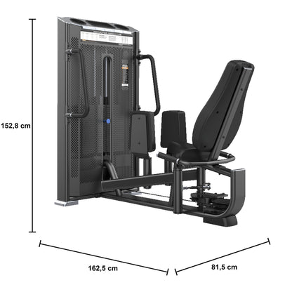 DHZ E7021A Abductor & Adductor – Dual-Hüfttrainer der PRESTIGE PRO Kraft Serie – Maßzeichnung mit Produktabmessungen 162,5 × 81,5 × 152,8 cm