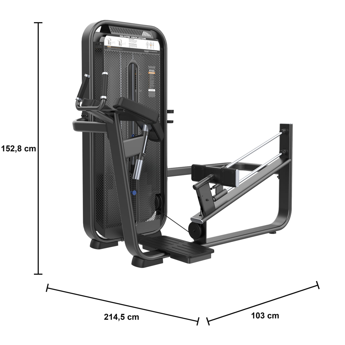 DHZ E7024 Glute Isolator – Gesäßtrainer der FUSION PRO Kraft Serie – Maßzeichnung mit Produktabmessungen 214,5 × 103 × 152,8 cm