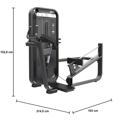 DHZ E7024 Glute Isolator – Gesäßtrainer der FUSION PRO Kraft Serie – Maßzeichnung mit Produktabmessungen 214,5 × 103 × 152,8 cm