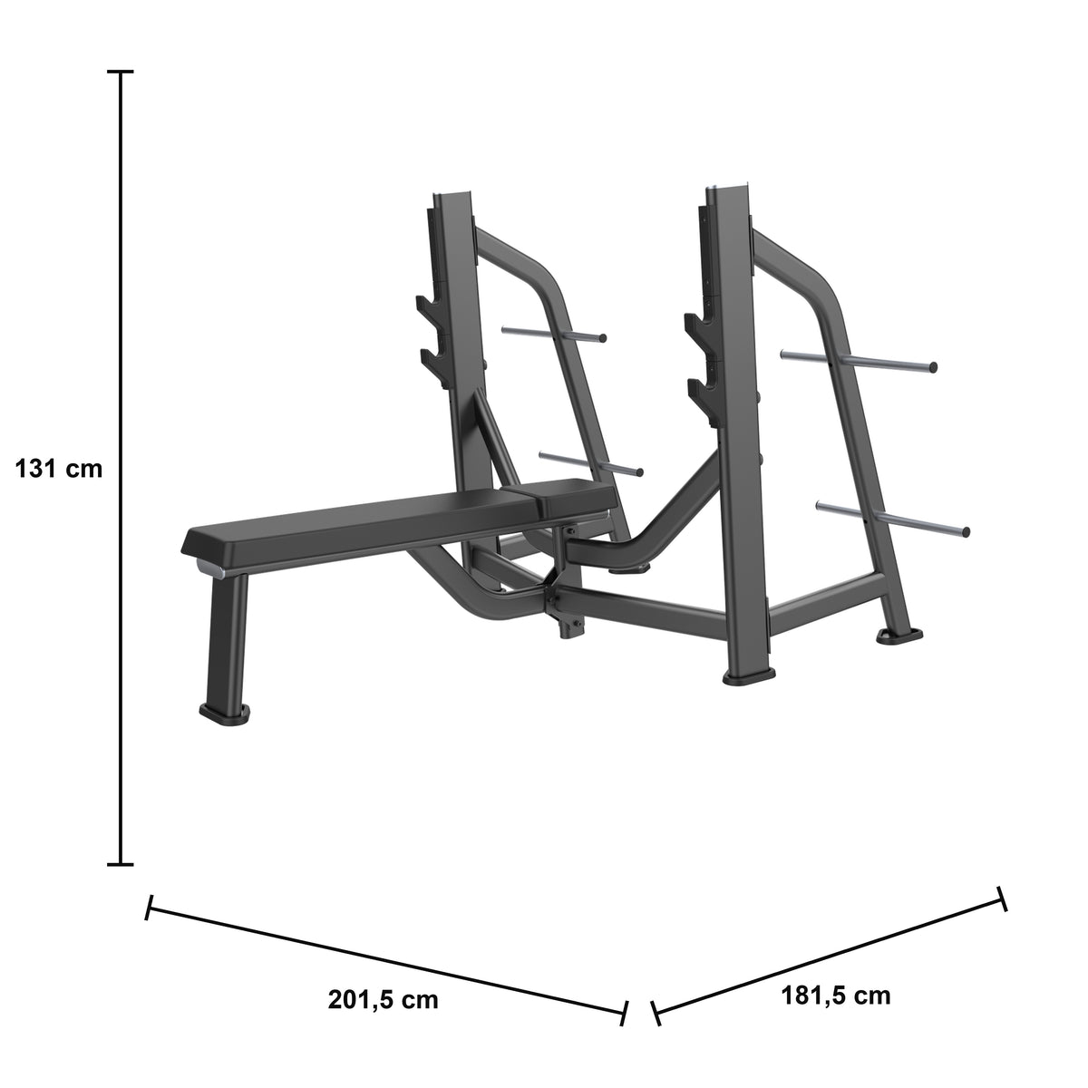 DHZ E7043 Olympic Bench – professionelle Langhantelbank – Maßzeichnung mit Produktabmessungen 201,5 × 181,5 × 131 cm