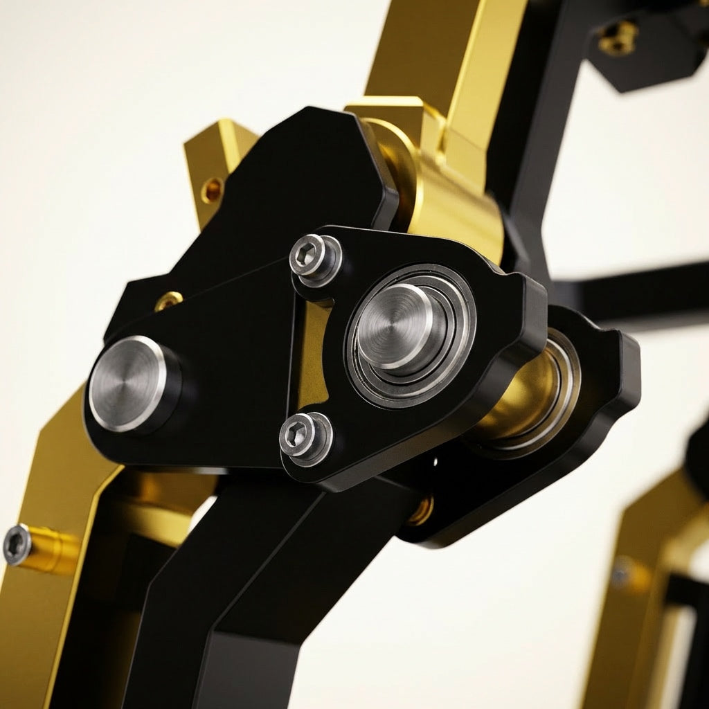 Close-up of the bearing joint detail on a professional DHZ Fitness chest press machine