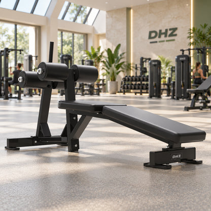 DHZ S-FORCE PM3006 Decline Abdominal Bench – schwarze Ausführung im hellen DHZ Fitnessstudio