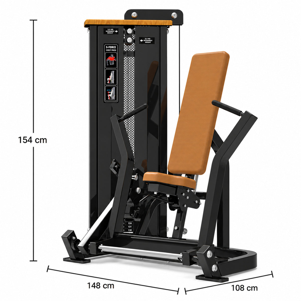 DHZ Fitness S-Force SM5008 Brustpresse braune Polsterung Abmessungen 148 x 108 x 154 cm