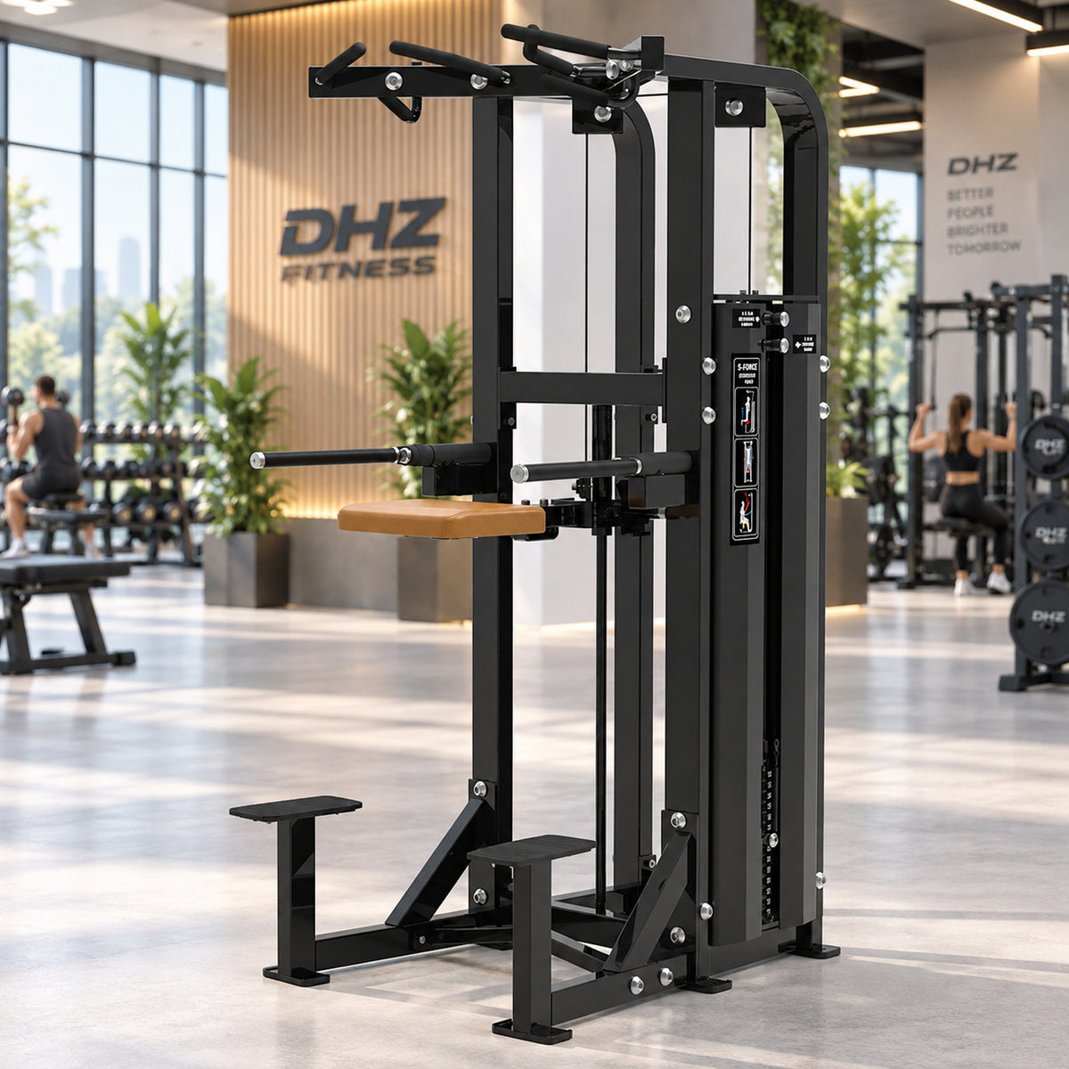 DHZ Fitness S-Force SM5009 Dip- und Klimmzughilfe braune Polsterung im modernen DHZ Fitnessstudio