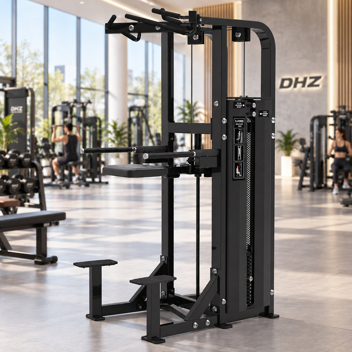 DHZ Fitness S-Force SM5009 Dip- und Klimmzughilfe schwarz im modernen DHZ Fitnessstudio
